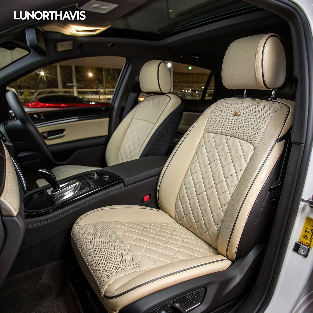 Elegant car interior with custom-fit seat covers from LUNORTHAVIS